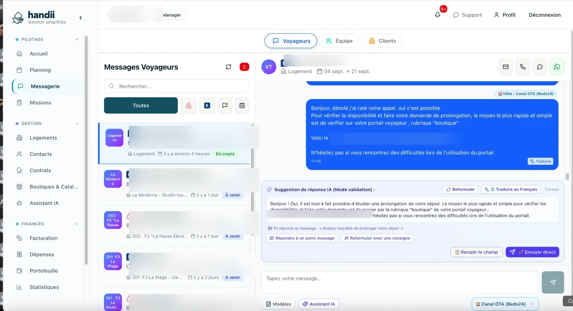 Messagerie unifiée Handii avec suggestions Bot'nB